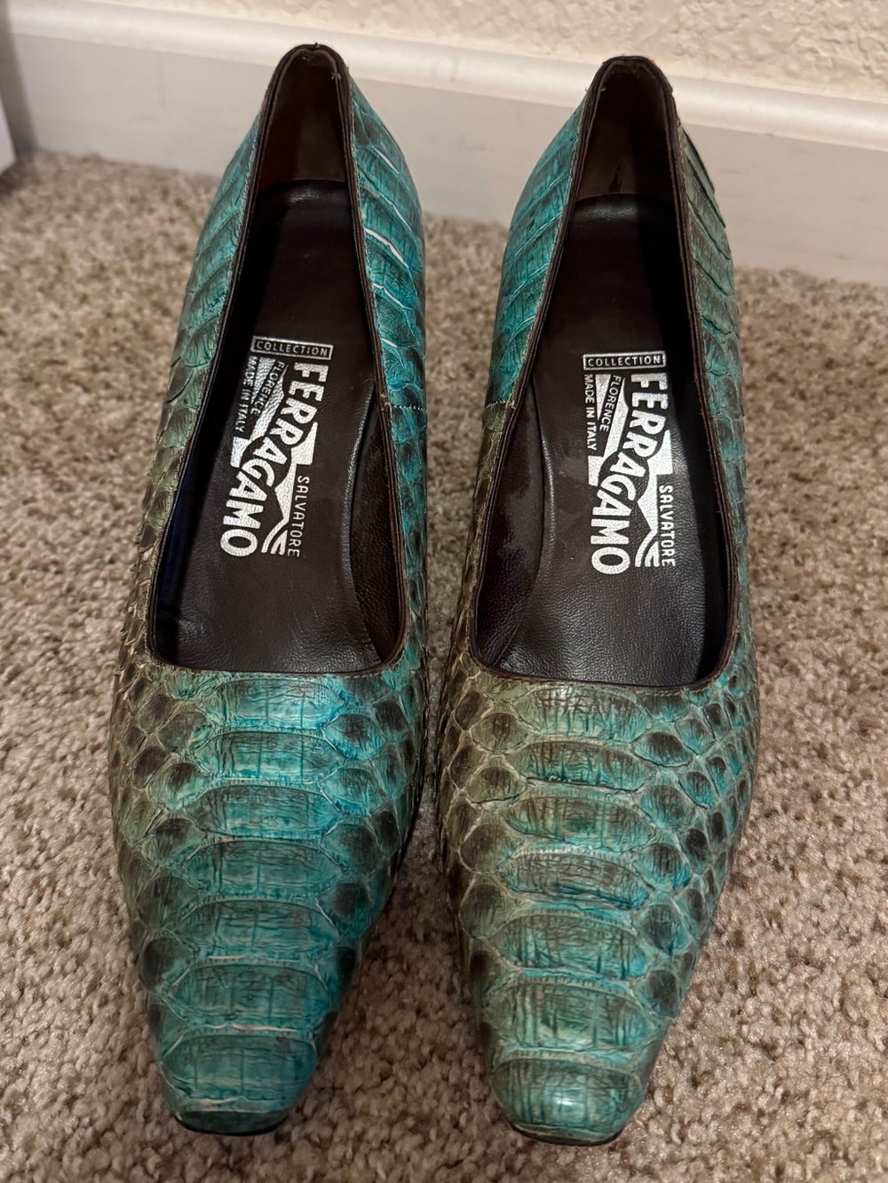 Salvatore Ferragamo Turquoise Python-Effect Pointed Toe Pumps